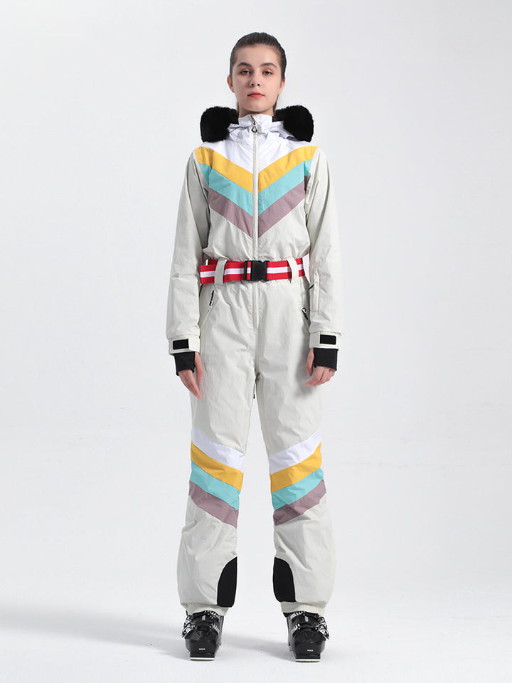 Ivory Color Blocking Snow-Resistant Ventilated One-Piece Snow Suit