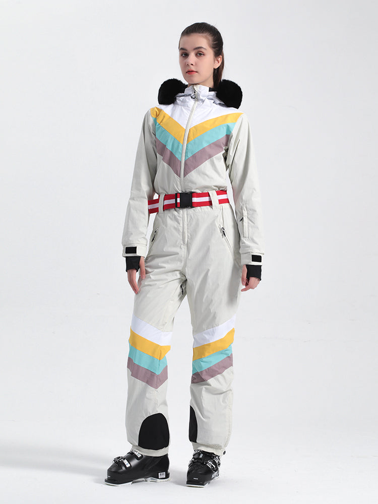 Ivory Color Blocking Snow-Resistant Ventilated One-Piece Snow Suit