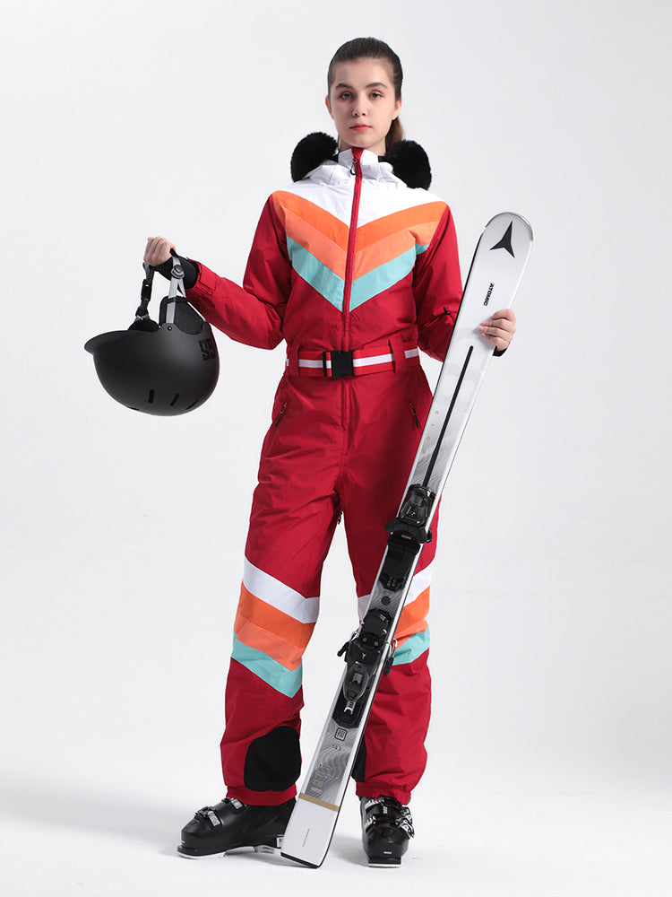 Ivory Color Blocking Snow-Resistant Ventilated One-Piece Snow Suit