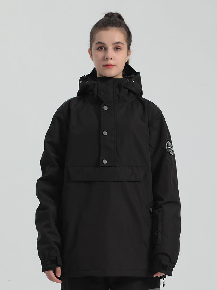 Unisex Black Loose-Fit Multi-Snap Closure Waterproof Snow Anorak