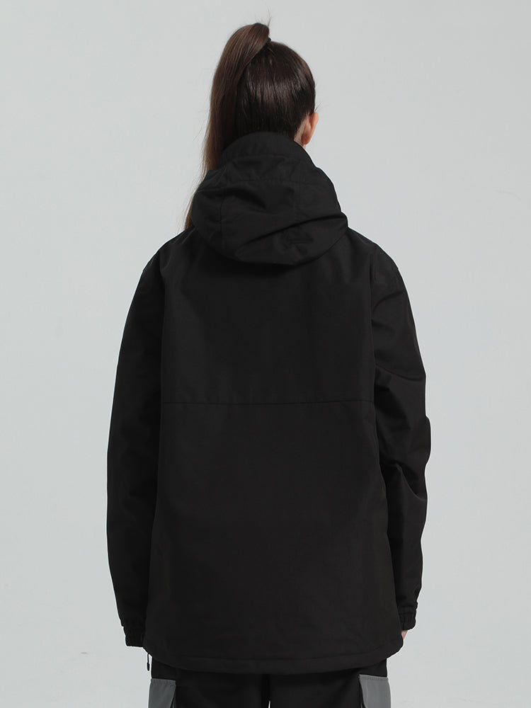 Unisex Black Loose-Fit Multi-Snap Closure Waterproof Snow Anorak