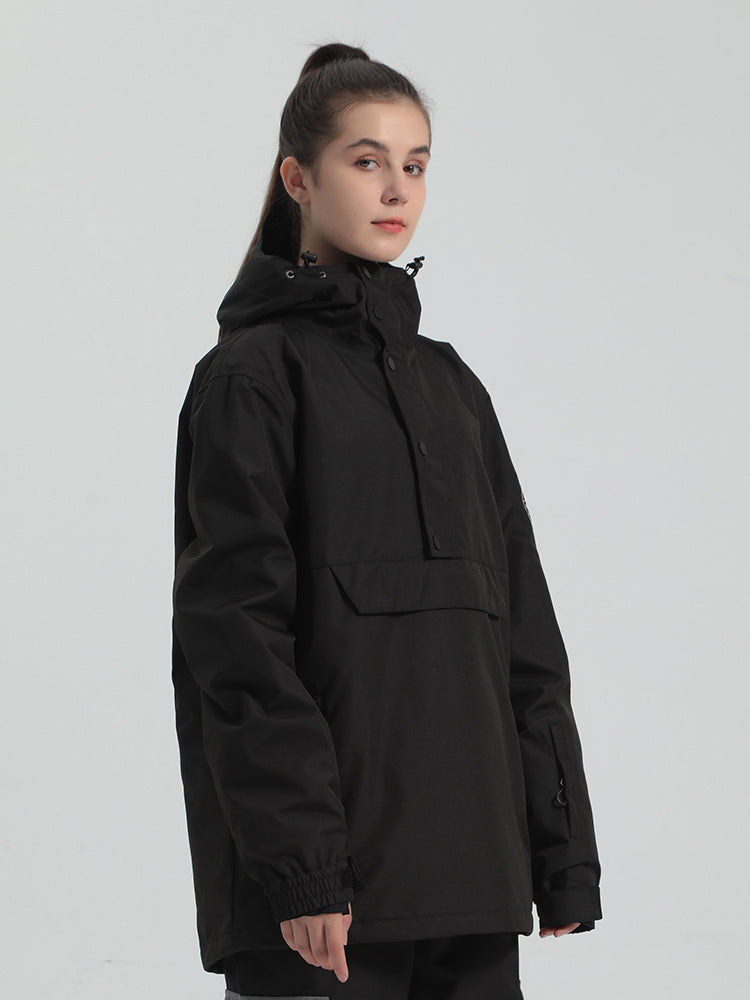 Unisex Black Loose-Fit Multi-Snap Closure Waterproof Snow Anorak