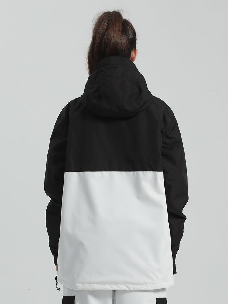 Unisex Black & White Loose-Fit Multi-Snap Closure Waterproof Snow Anorak