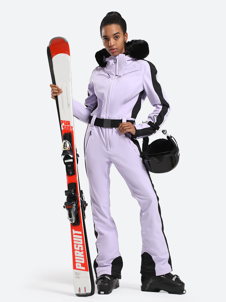 Women's Slim-Fit Stretch Faux Fur Houndstooth One-Piece Ski Suit