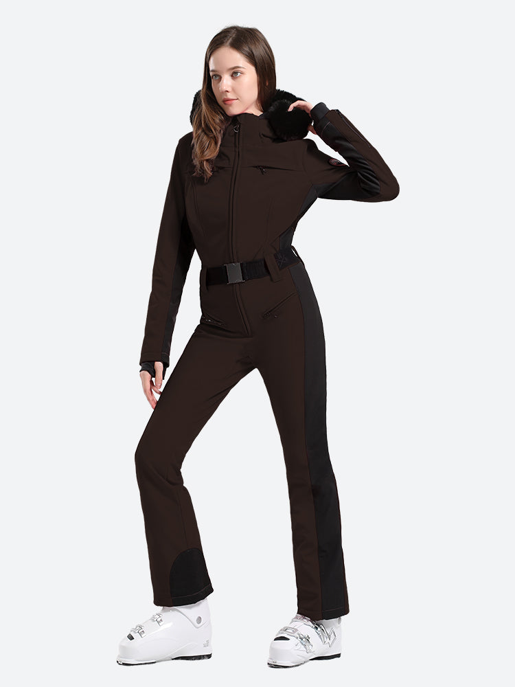 Women's Minimalist Faux Fur Dark Brown Down One-piece Ski Suits