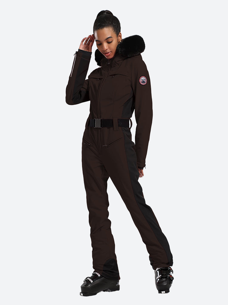 Women's Minimalist Faux Fur Khaki Down One-piece Ski Suits