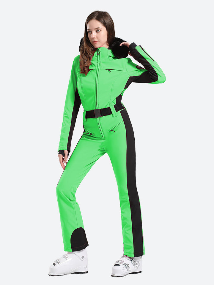 Women's Minimalist Faux Fur Green Down One-piece Ski Suits