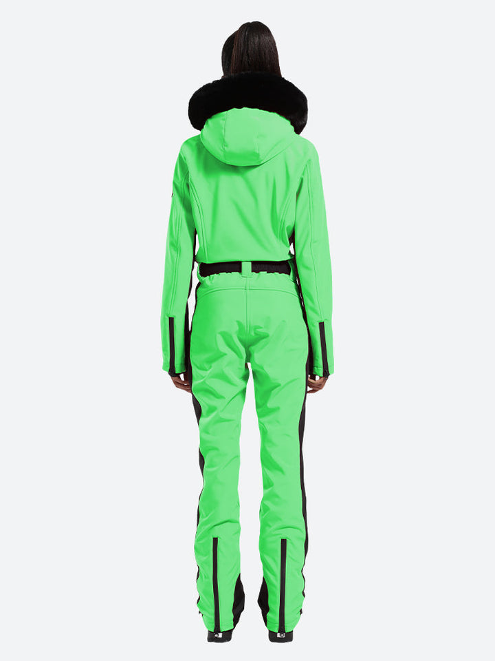 Women's Minimalist Faux Fur Green Down One-piece Ski Suits