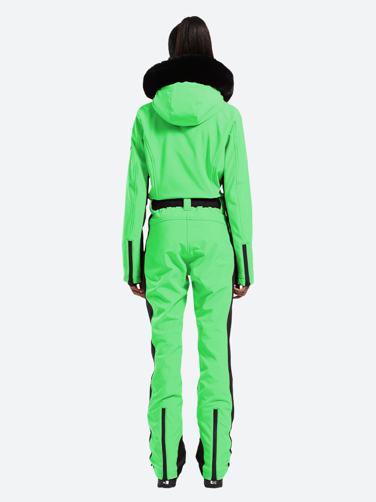 Women's Minimalist Faux Fur Neon Yellow Down One-piece Ski Suits