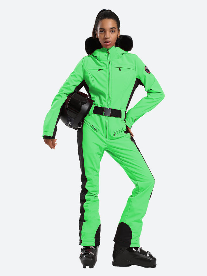 Women's Minimalist Faux Fur Green Down One-piece Ski Suits