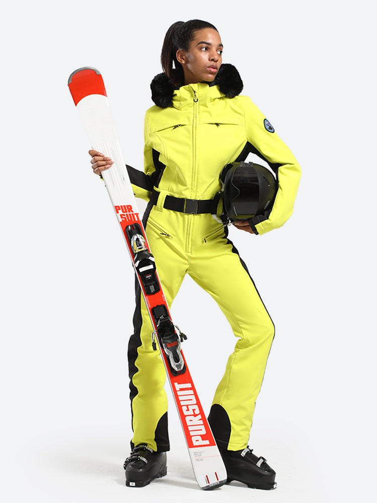 Women's Minimalist Faux Fur Green Down One-piece Ski Suits