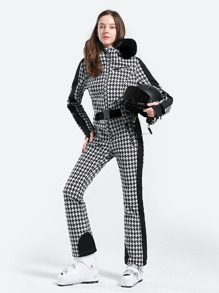 Women's Slim-Fit Stretch Faux Fur Tan Houndstooth One-Piece Ski Suit