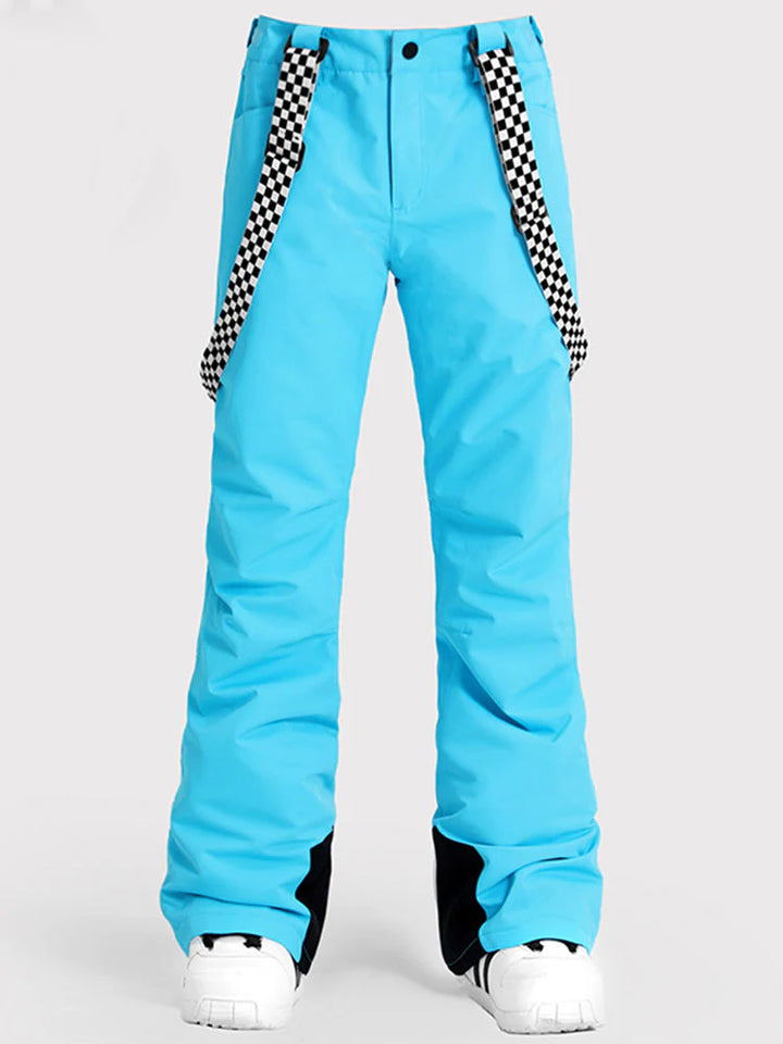 Women's Neon Pink Flare Snow Pants with Checkered Suspenders