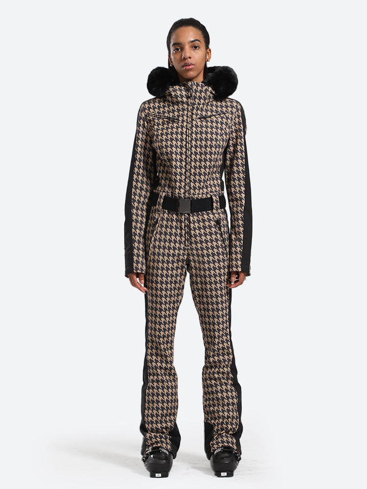 Women's Slim-Fit Stretch Faux Fur Houndstooth One-Piece Ski Suit