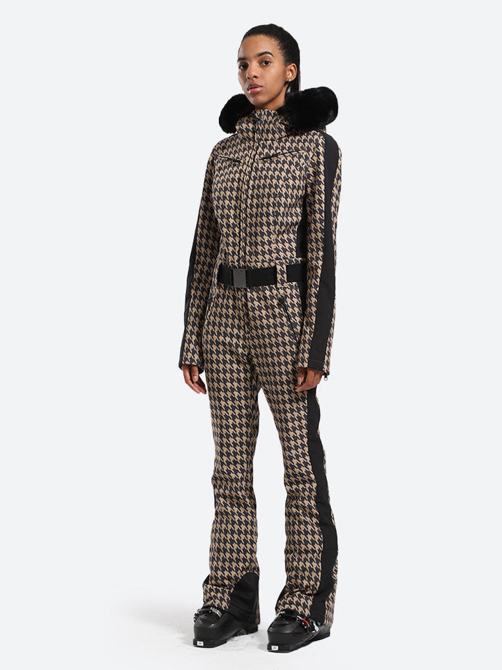 Women's Slim-Fit Stretch Faux Fur Houndstooth One-Piece Ski Suit