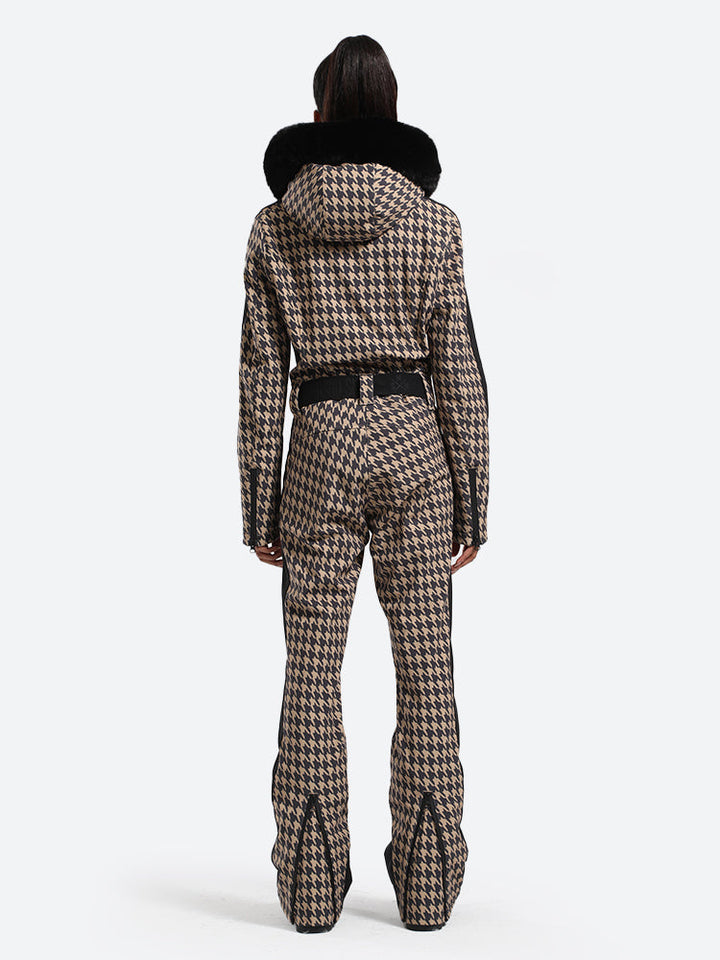 Women's Slim-Fit Stretch Faux Fur Houndstooth One-Piece Ski Suit