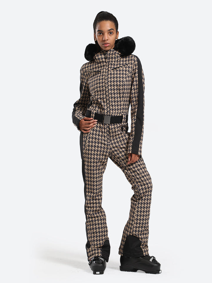 Women's Slim-Fit Stretch Faux Fur Houndstooth One-Piece Ski Suit