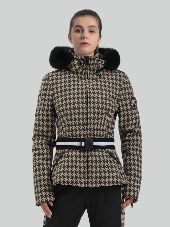 Women's Tan Houndstooth Slim Fit Belted Down Ski Jacket