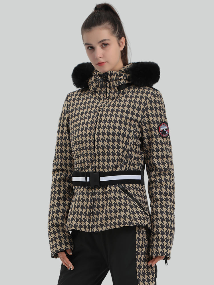 Women's Tan Houndstooth Slim Fit Belted Down Ski Jacket