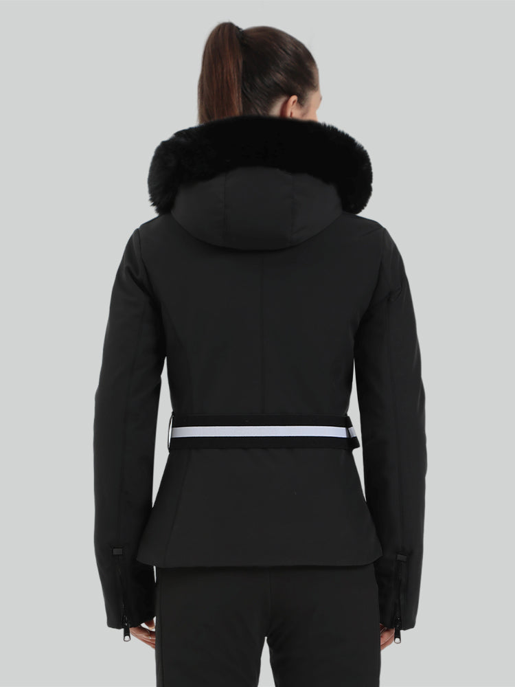 Women's Black Slim Fit Belted Down Ski Jacket