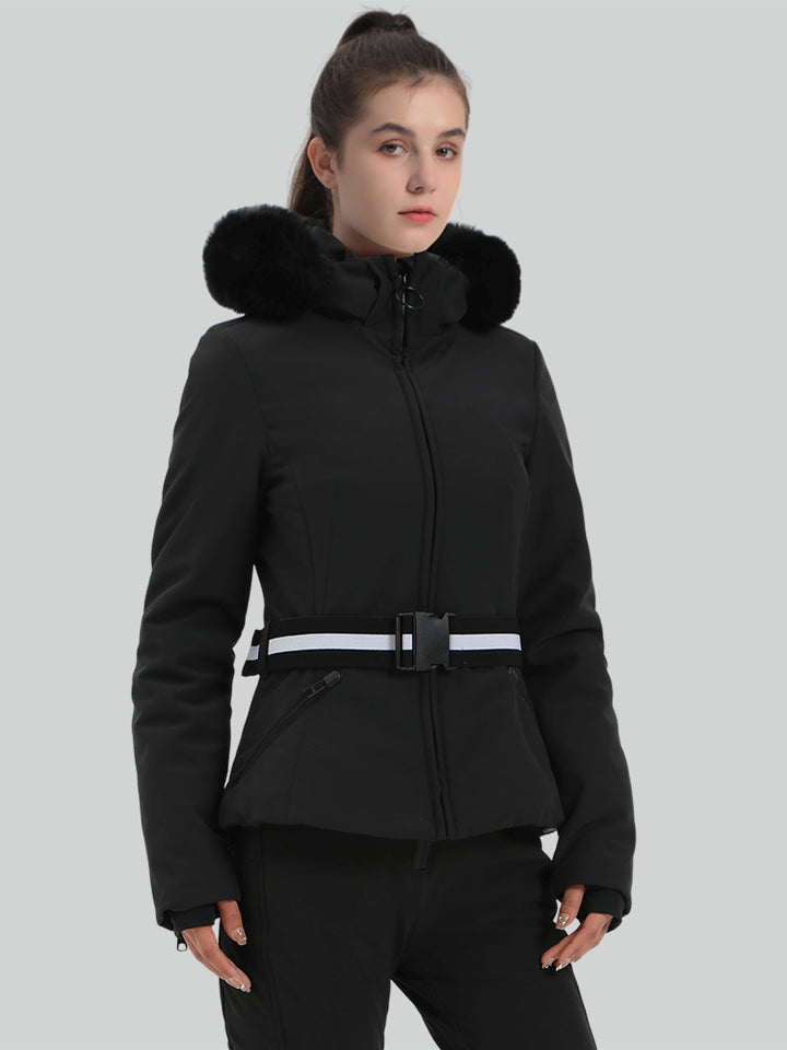 Women's Black Slim Fit Belted Down Ski Jacket