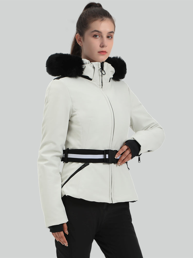 Women's Red Slim Fit Belted Down Ski Jacket