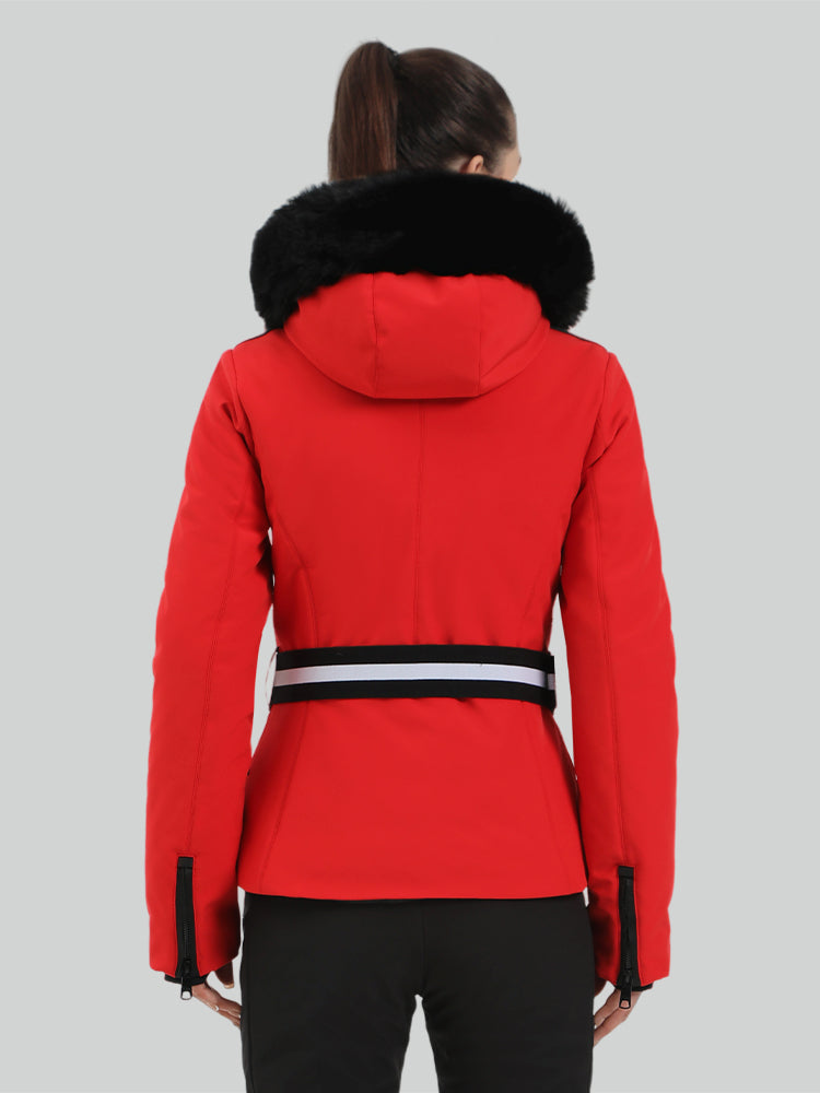 Women's Red Slim Fit Belted Down Ski Jacket