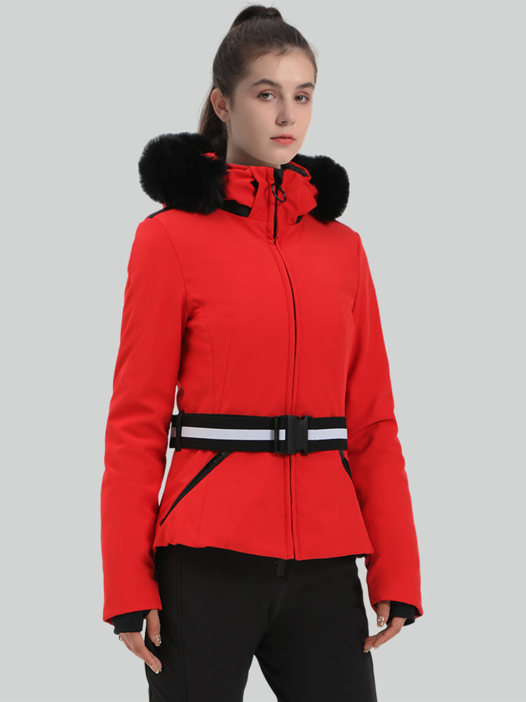 Women's Black Slim Fit Belted Down Ski Jacket