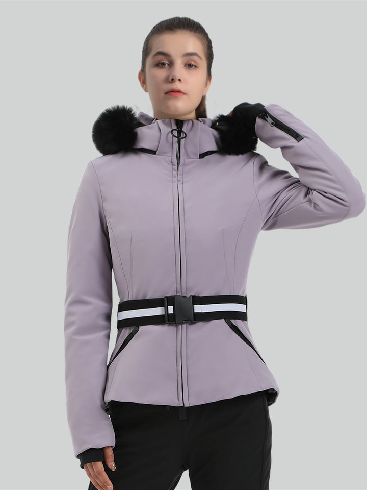 Women's Red Slim Fit Belted Down Ski Jacket