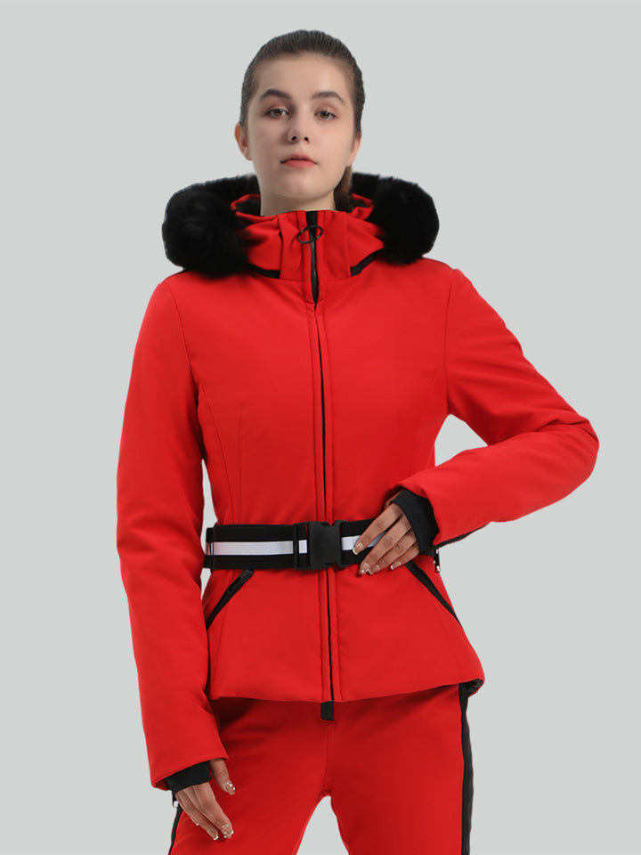 Women's Red Slim Fit Belted Down Ski Jacket