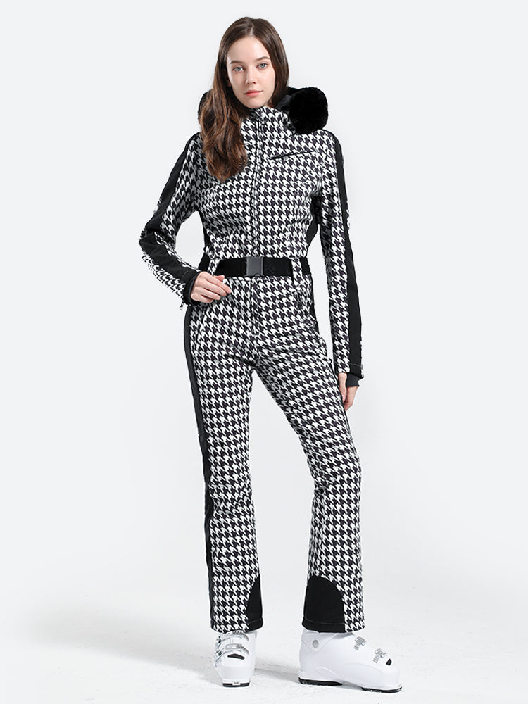 Women's Slim-Fit Stretch Faux Fur Tan Houndstooth One-Piece Ski Suit