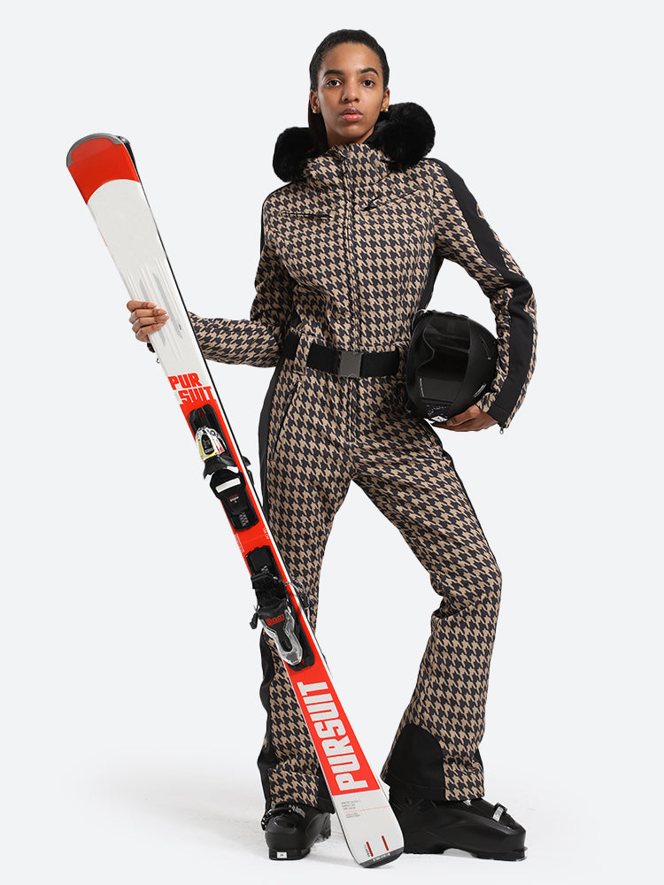 Women's Slim-Fit Stretch Faux Fur Houndstooth One-Piece Ski Suit