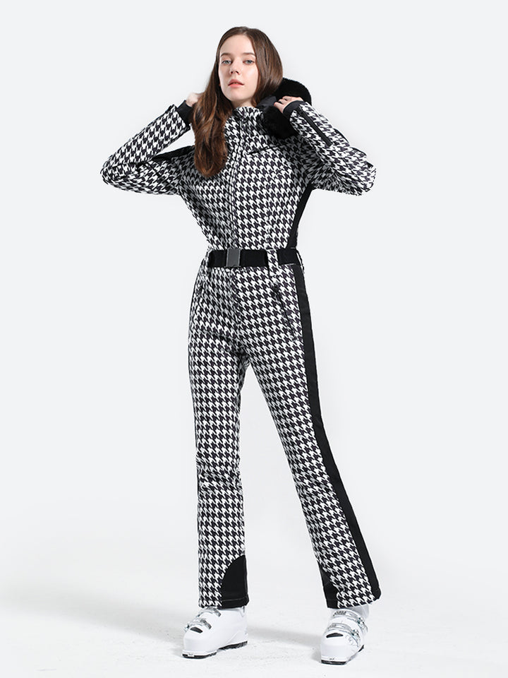 Women's Slim-Fit Stretch Faux Fur Tan Houndstooth One-Piece Ski Suit