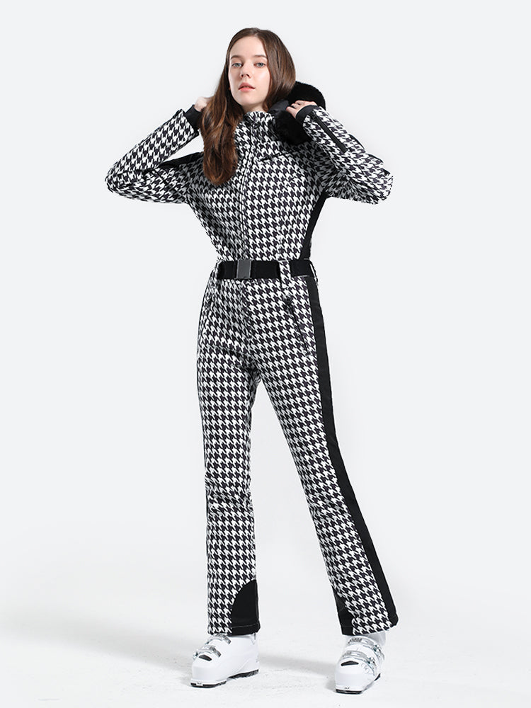 Women's Slim-Fit Stretch Faux Fur Houndstooth One-Piece Ski Suit