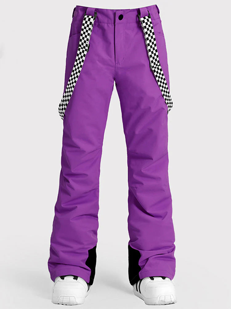 Women's Black Flare Snow Pants with Checkered Suspenders