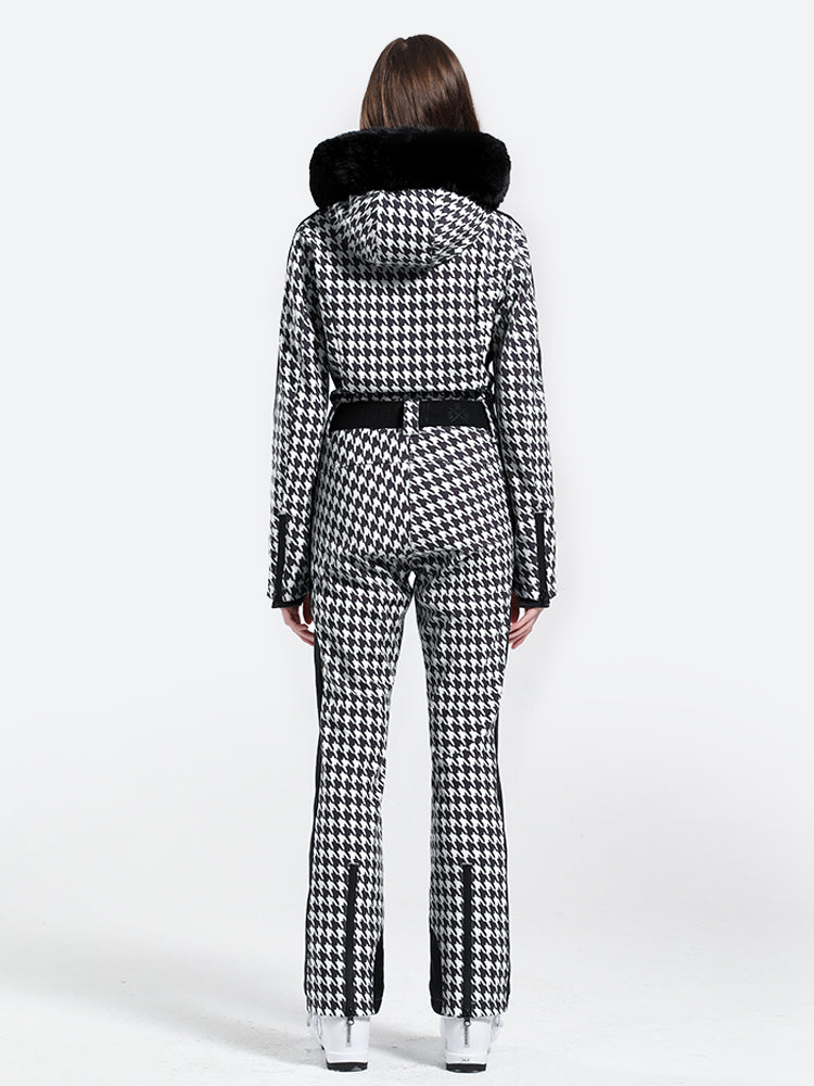 Women's Slim-Fit Stretch Faux Fur Houndstooth One-Piece Ski Suit