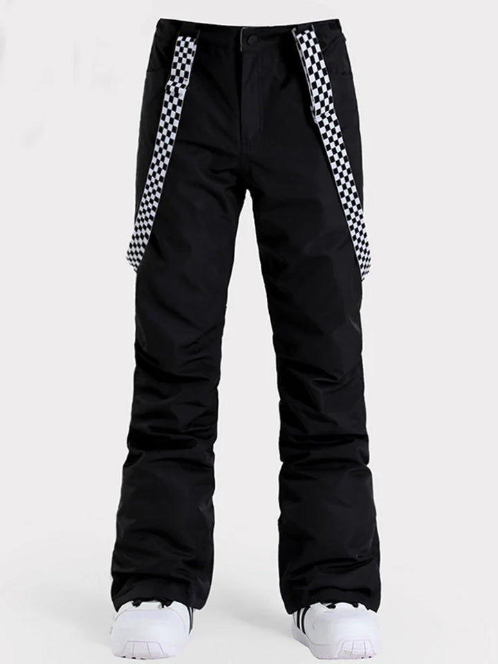 Women's Neon Cyan Flare Snow Pants with Checkered Suspenders