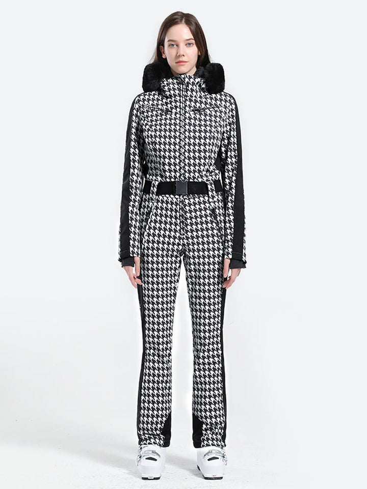 Women's Slim-Fit Stretch Faux Fur Houndstooth One-Piece Ski Suit