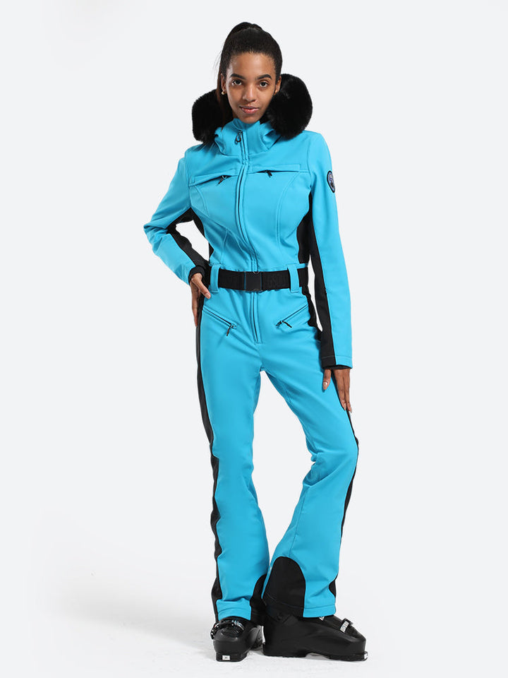 Women's Minimalist Faux Fur Green Down One-piece Ski Suits