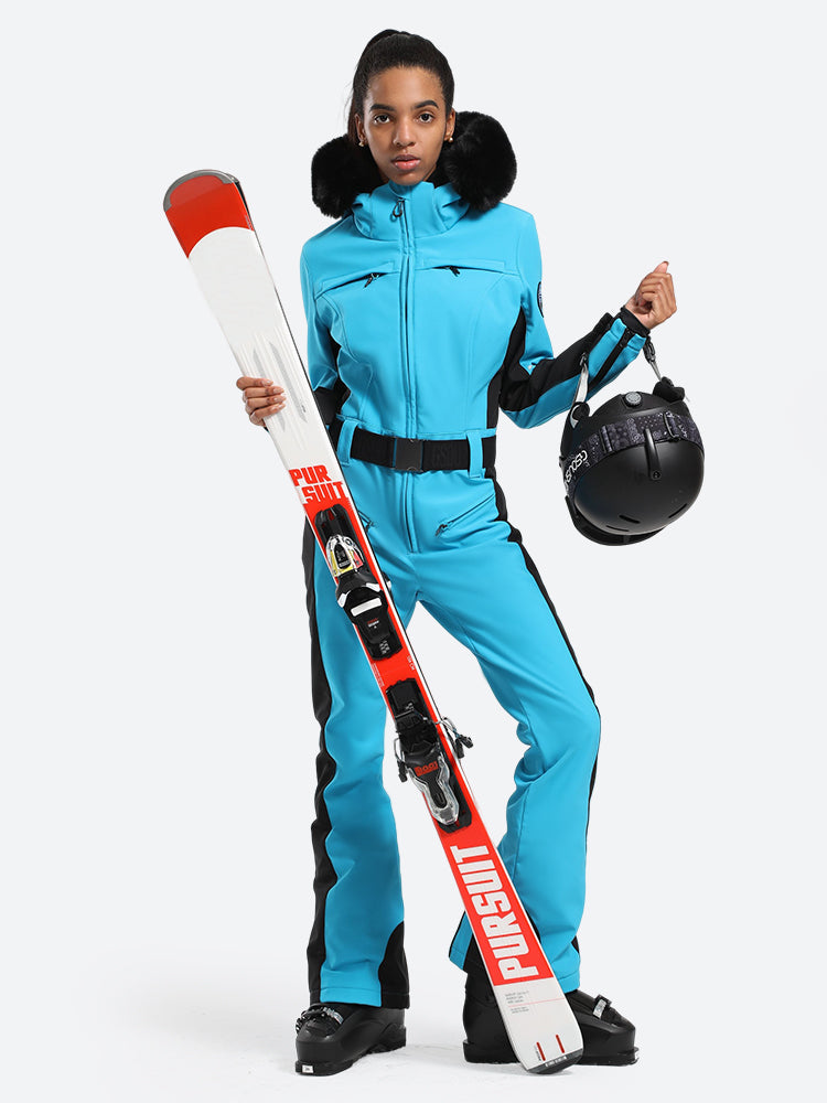 Women's Minimalist Faux Fur Green Down One-piece Ski Suits