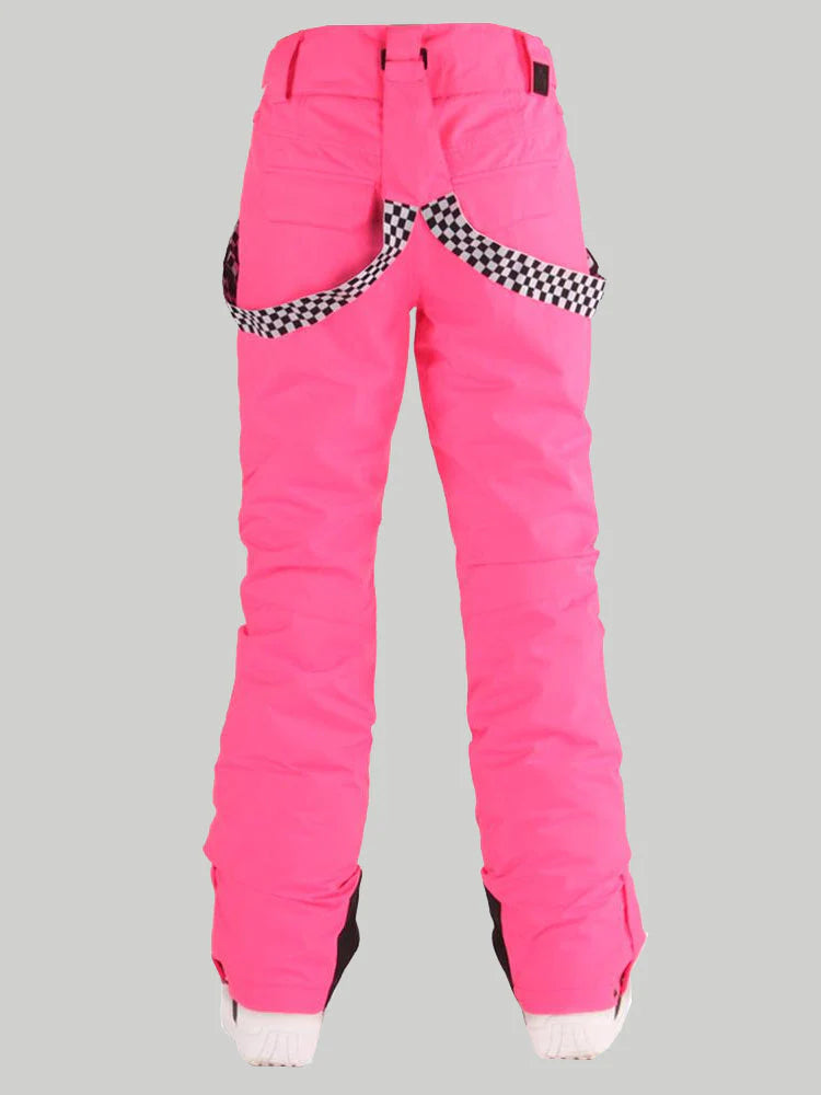 Women's Neon Cyan Flare Snow Pants with Checkered Suspenders