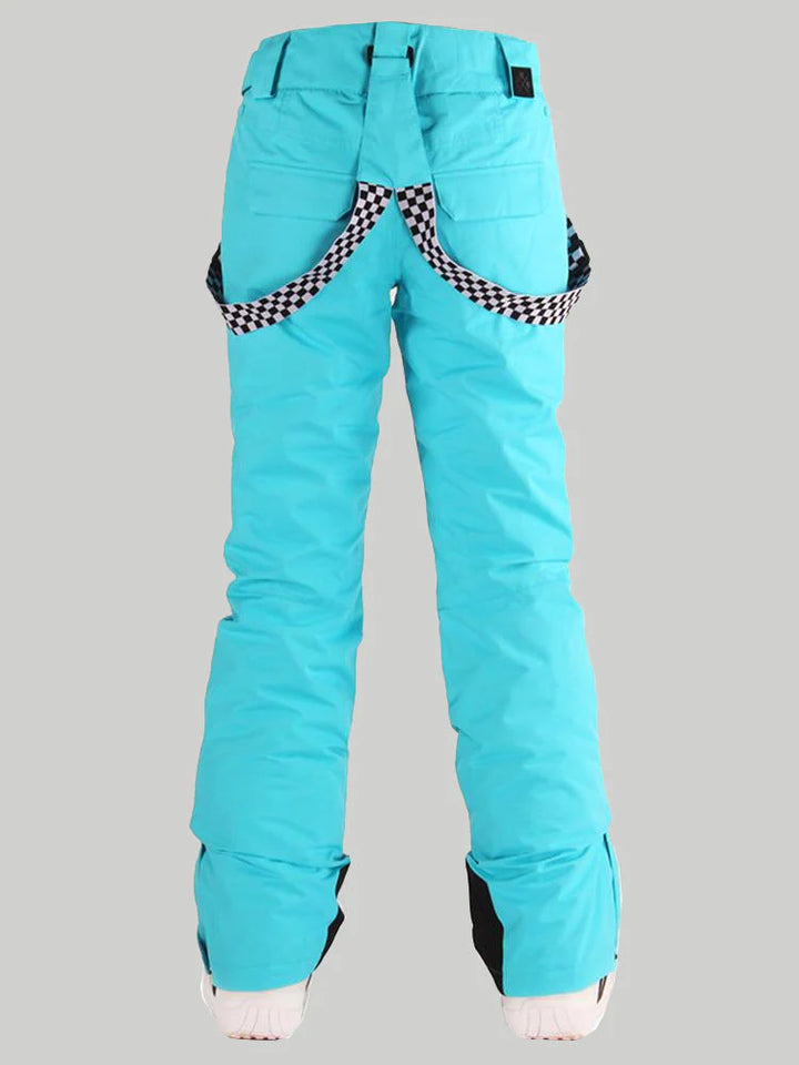 Women's Neon Purple Flare Snow Pants with Checkered Suspenders