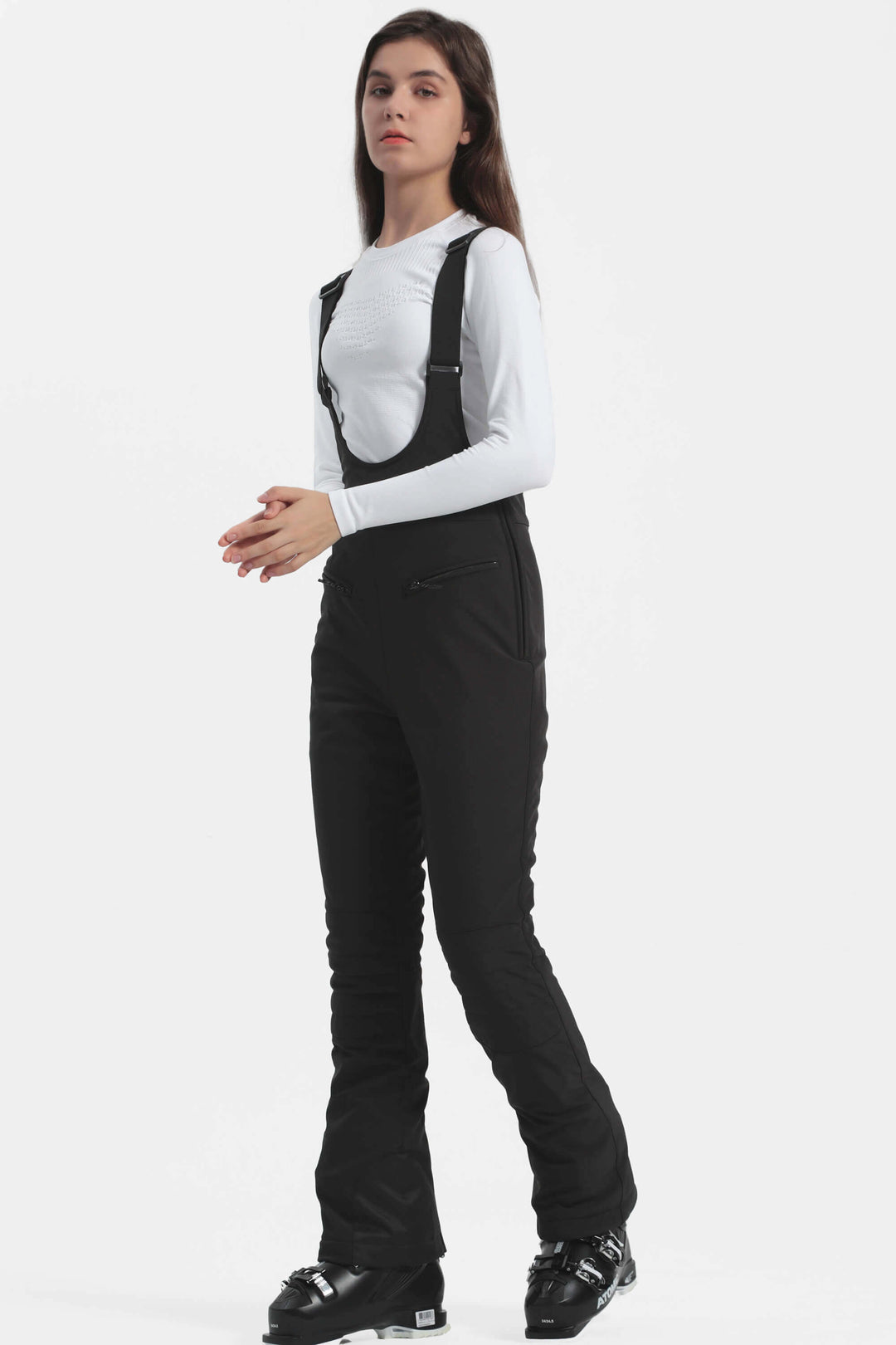 Women's Black Slim-Fit Stretch Fleece-Lined Ski Bibs