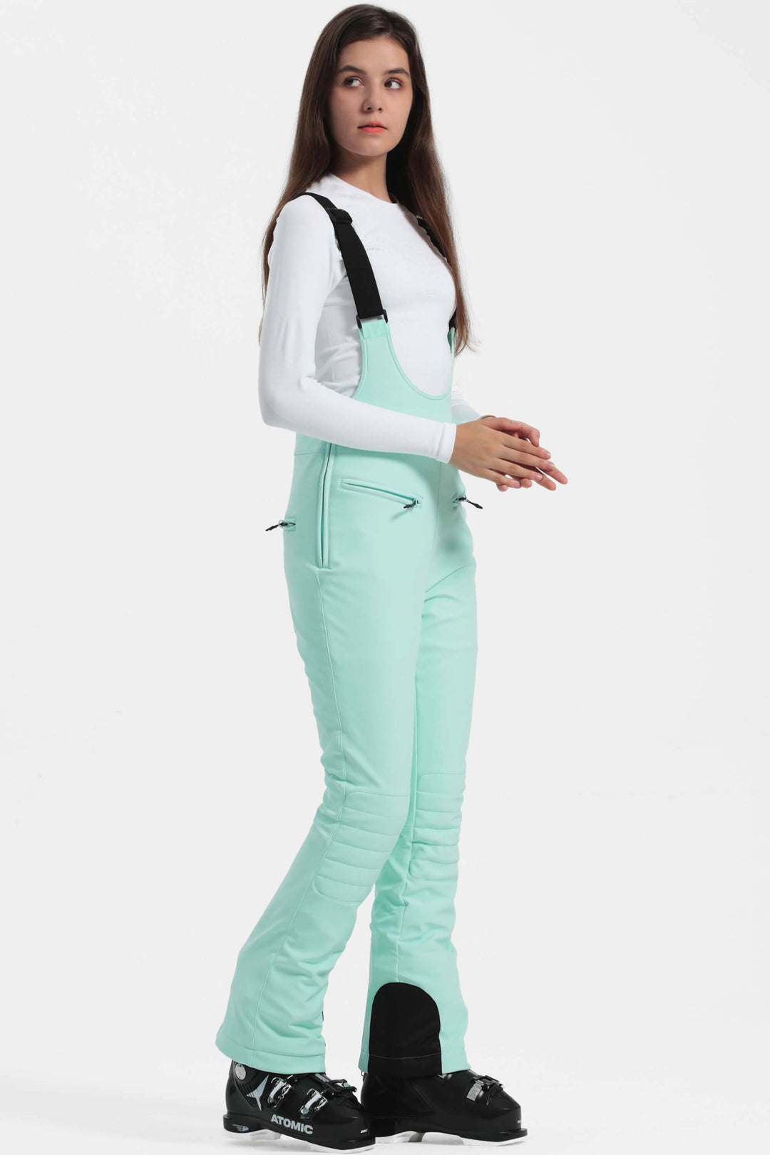 Women's Teal Slim-Fit Stretch Fleece-Lined Ski Bibs