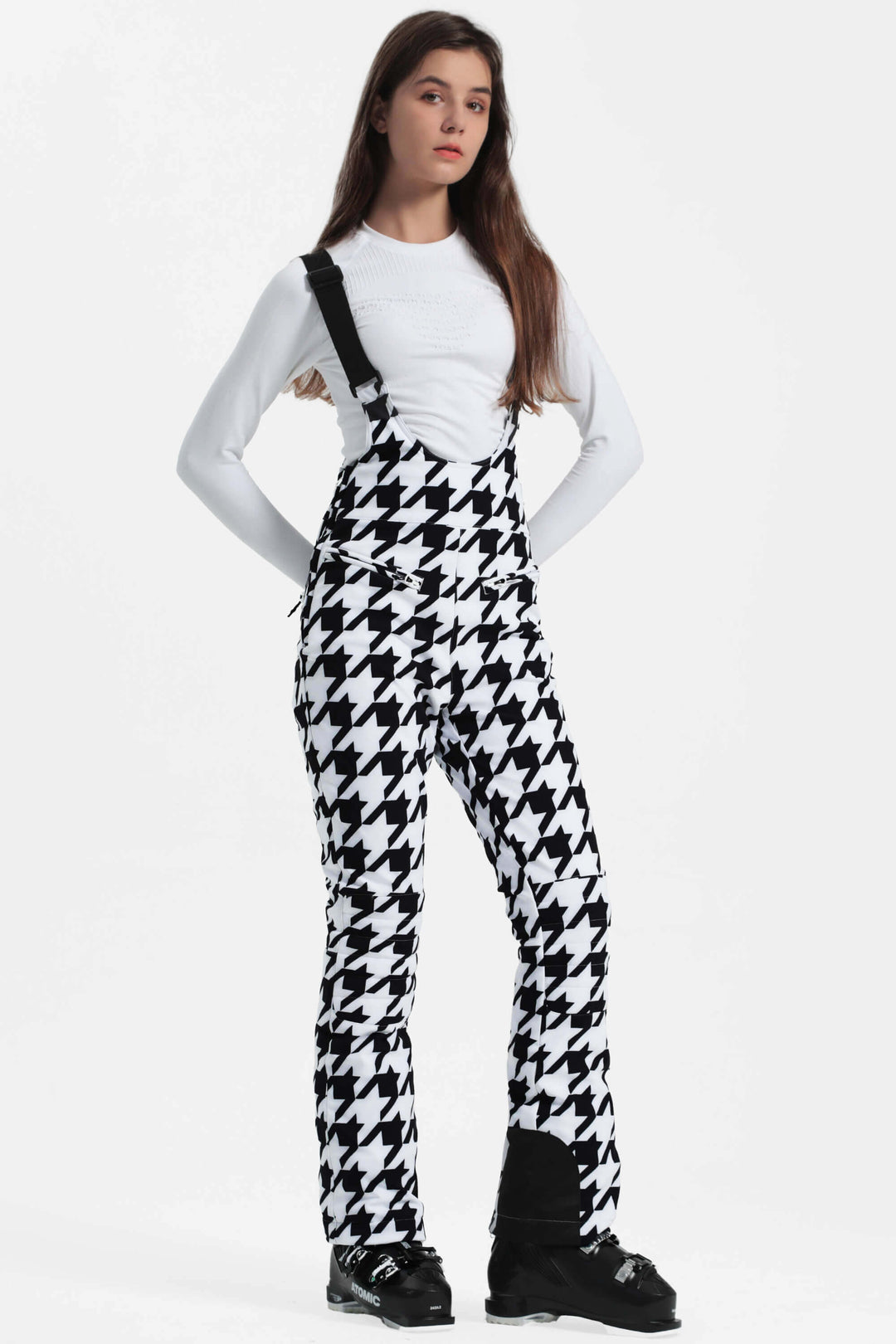 Women's Houndstooth Slim-Fit Stretch Fleece-Lined Ski Bibs