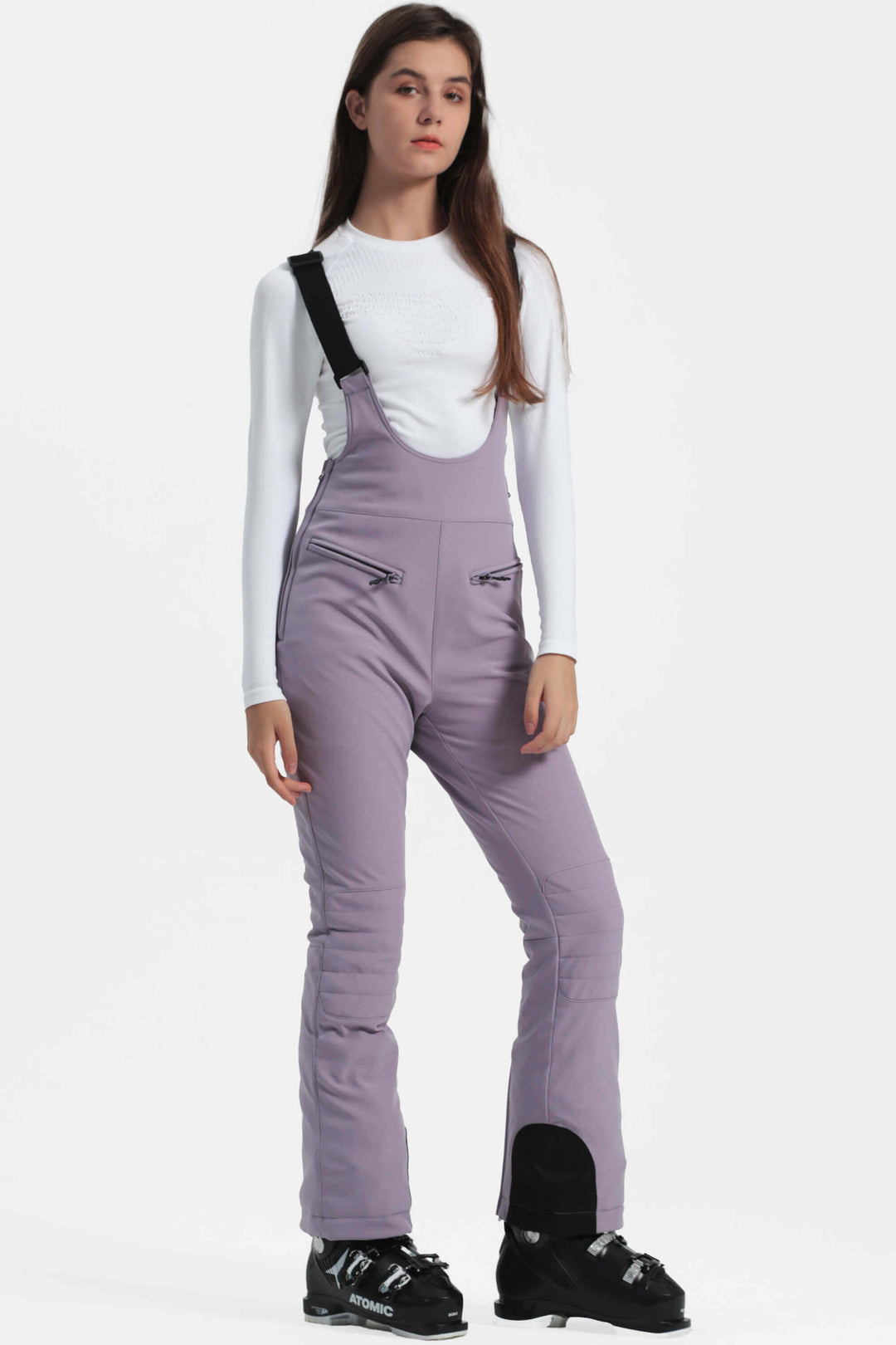 Women's Lavender Slim-Fit Stretch Fleece-Lined Ski Bibs