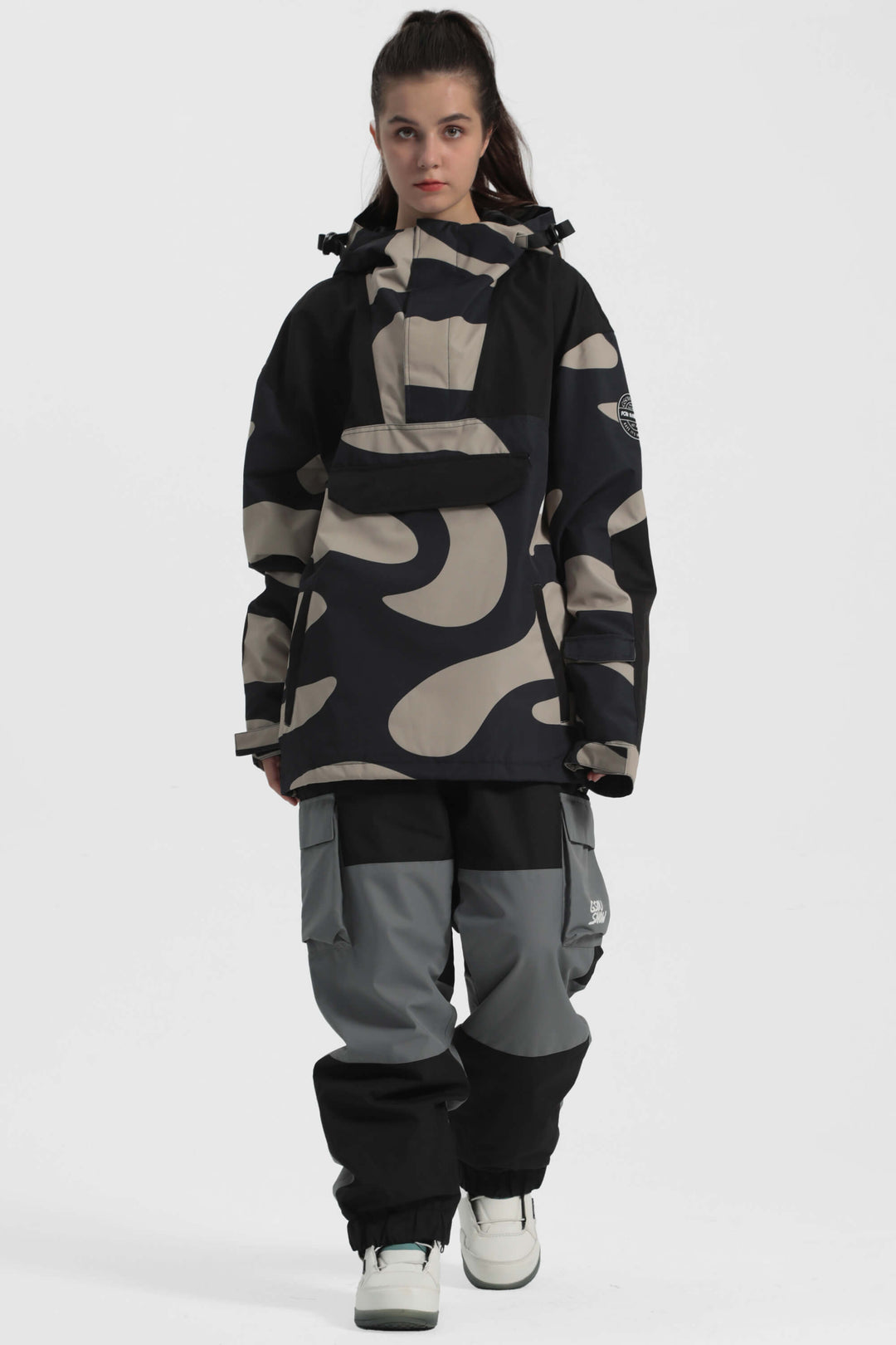 Women's Black Camo Color-Block Insulated Snow Anoraks