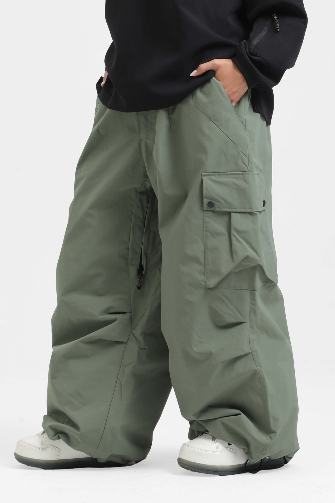 Women's Army Green Lightweight Inner Leg Vents Baggy Snow Pants