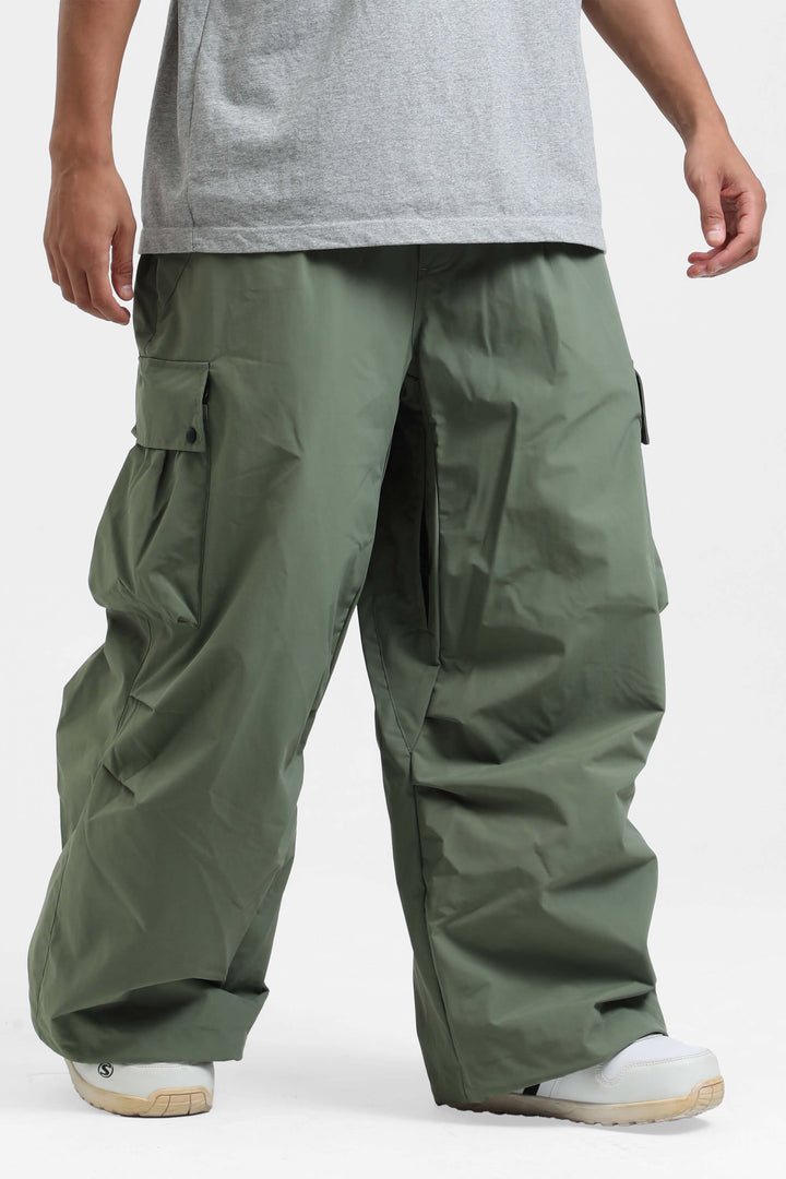 Men's Army Green Lightweight Inner Leg Vents Baggy Snow Pants