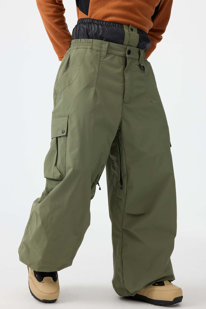 Men's Army Green Lightweight Inner Leg Vents Baggy Snow Pants